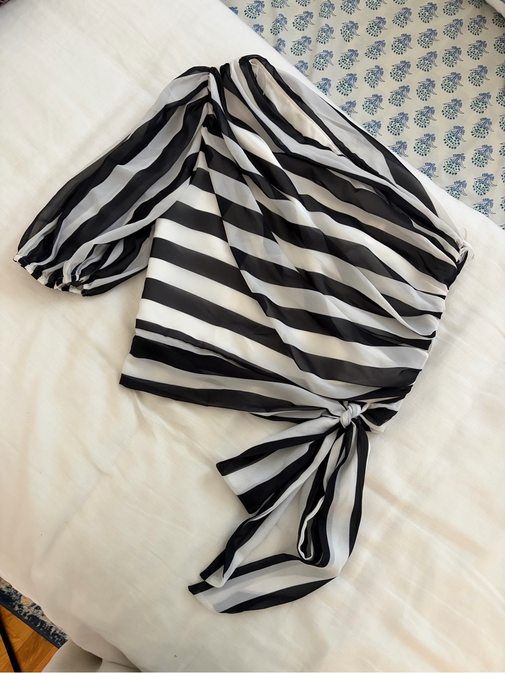 Amanda Uprichard Black & White Striped One-Shoulder Tie-Waist Top